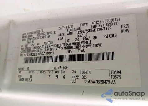 2014 Ford E-250 Commercial z USA, uszkodzony, nr VIN 1FTNE2EL3EDA70811